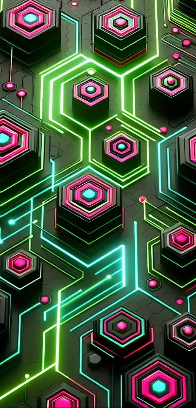 Futuristic neon hexagon wallpaper with vibrant colors and circuit patterns.