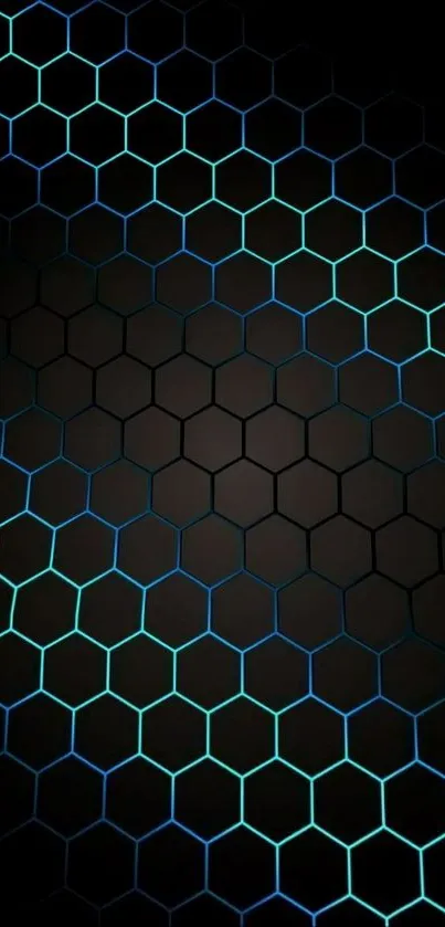 Futuristic hexagon pattern with blue and green glow on a black background.