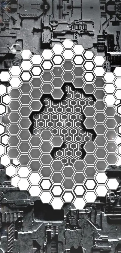 Futuristic hexagon pattern on metallic background wallpaper.