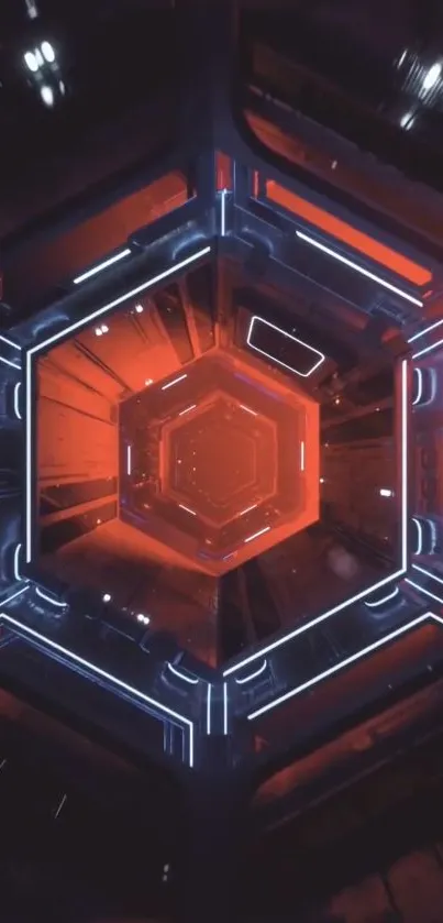 Futuristic hexagon tunnel wallpaper with red highlights.