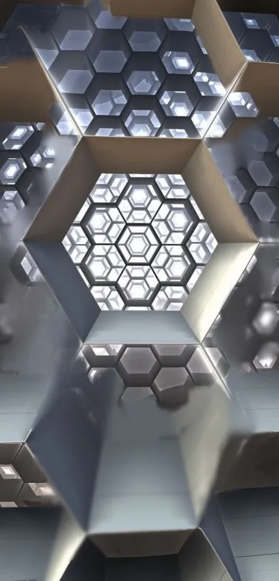 Futuristic hexagonal tunnel in silver hues.