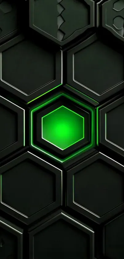 Hexagonal pattern with green glowing center on wallpaper.