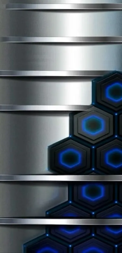 Futuristic silver and blue hexagonal wallpaper design.