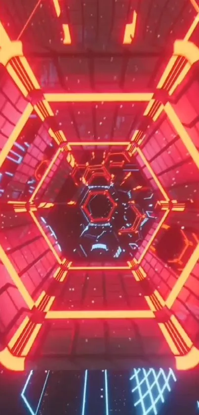 Futuristic hexagonal tunnel with neon lights.