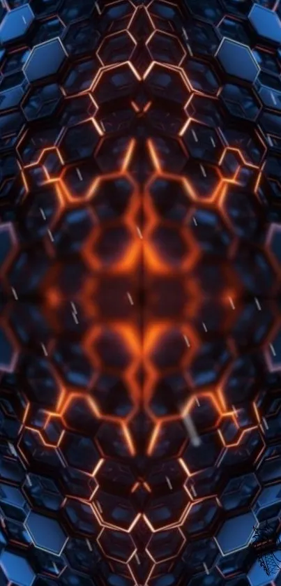 Futuristic hexagonal pattern wallpaper in dark blue and orange.