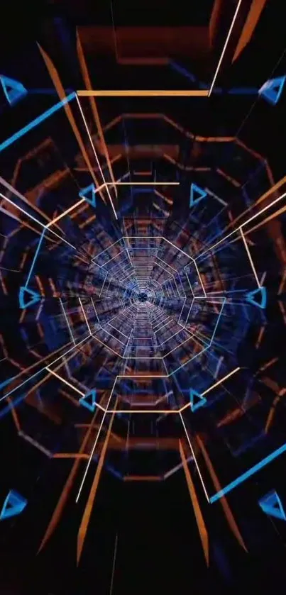 Futuristic geometric tunnel with blue and orange lines on a mobile wallpaper.