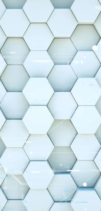 Hexagonal pattern wallpaper in light blue tones, futuristic and minimalist.