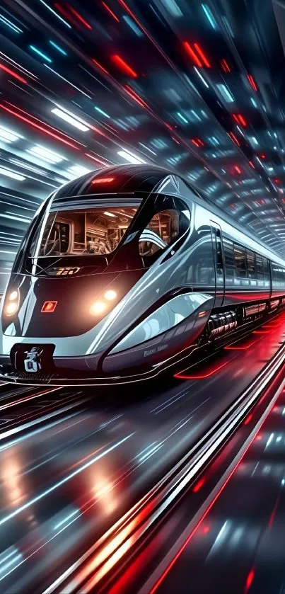 Futuristic high-speed train speeding through a tunnel with dynamic lighting.
