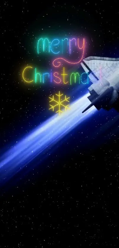 Rocket with 'Merry Christmas' neon lights in space wallpaper.