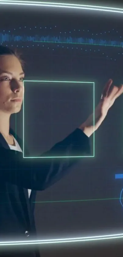 Person interacting with futuristic holographic interface.