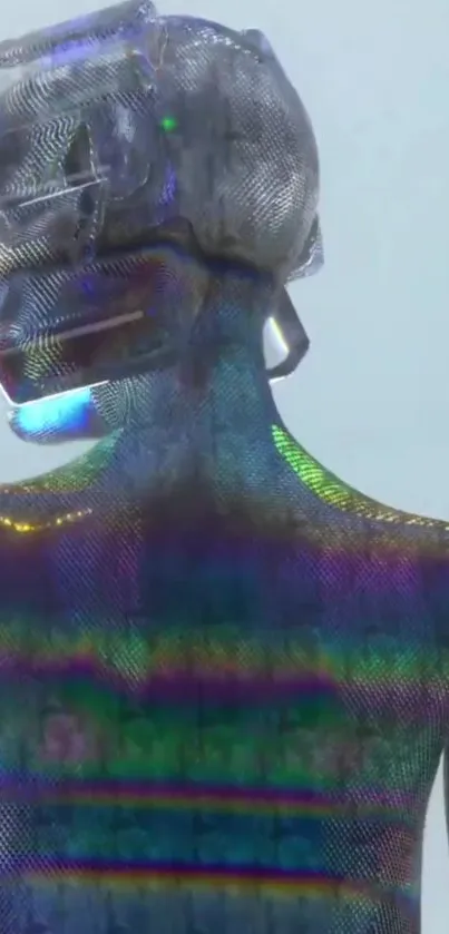 Futuristic holographic humanoid with iridescent colors and metallic textures.