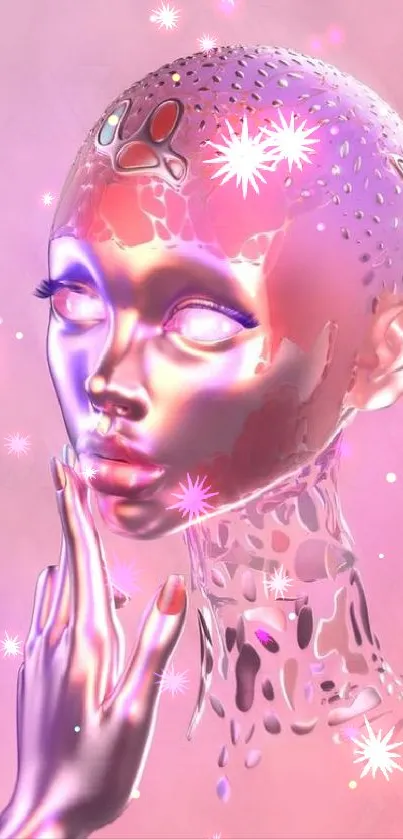 Futuristic holographic face with pastel pinks in digital art wallpaper.