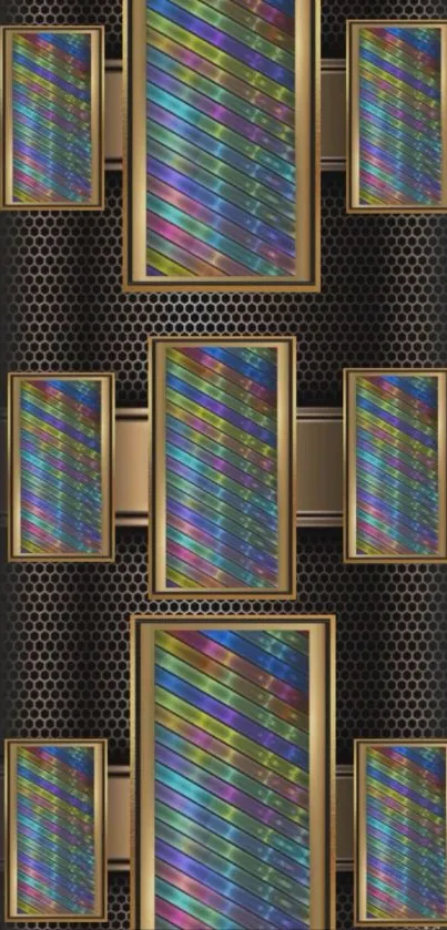 Futuristic holographic wallpaper with geometric patterns and metallic accents.