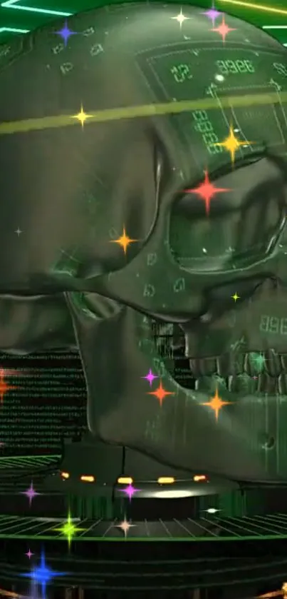 Futuristic green skull with holographic digital effects.