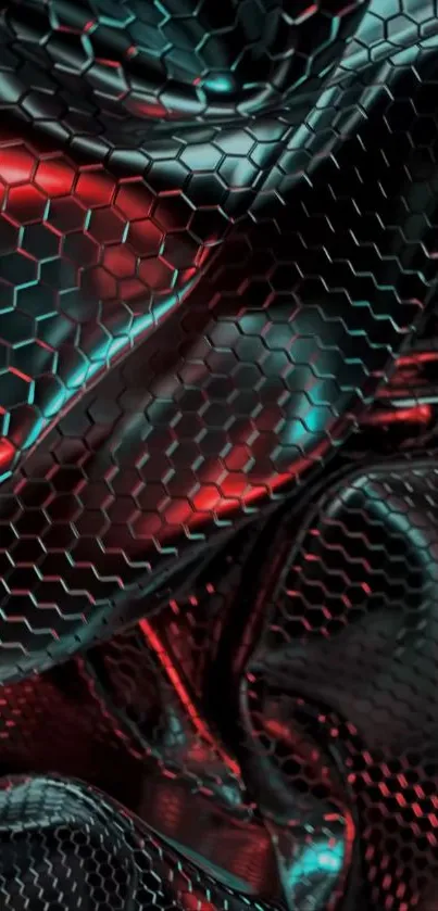 Futuristic honeycomb pattern wallpaper with red and black colors.