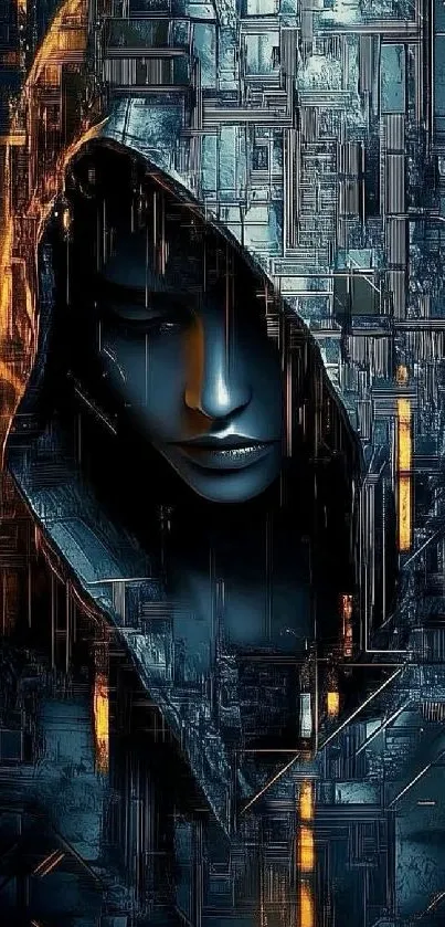 Dark, hooded futuristic digital art.