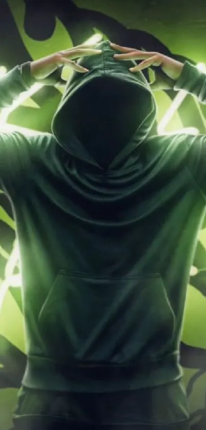 A hooded figure with neon green glow in a futuristic design.