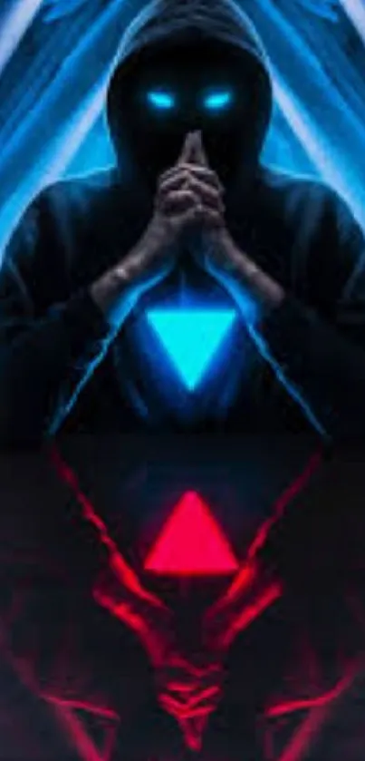 Hooded figure with glowing eyes and blue-red reflection.