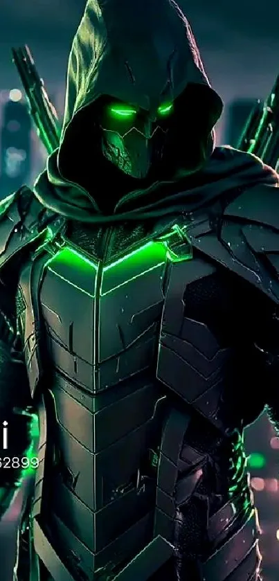 Futuristic hooded warrior with glowing green accents in a cyberpunk cityscape.