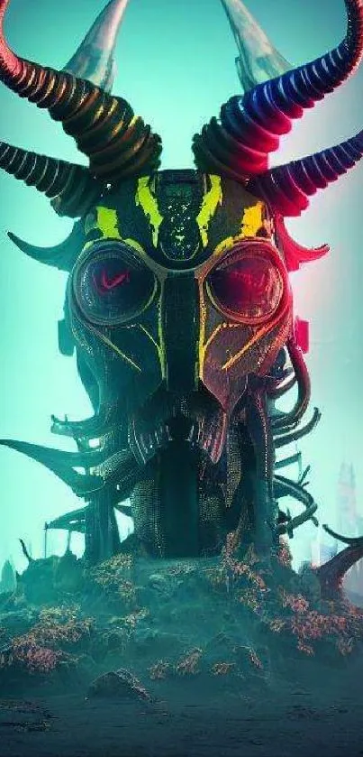 Futuristic horned mask in dystopian setting with bright teal background.