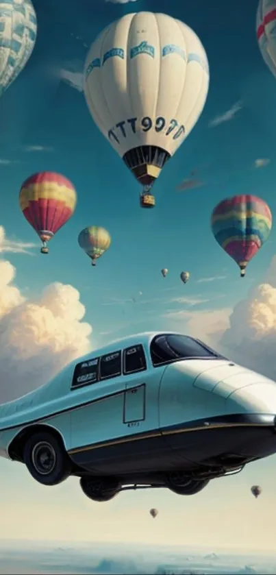 Futuristic vehicle and balloons in a serene blue sky.