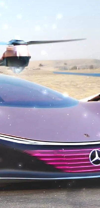 Futuristic hover car with a pink hue on an open road.