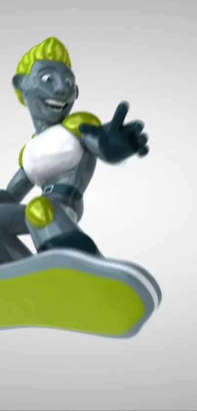 Futuristic animated character on hoverboard with lime green highlights.