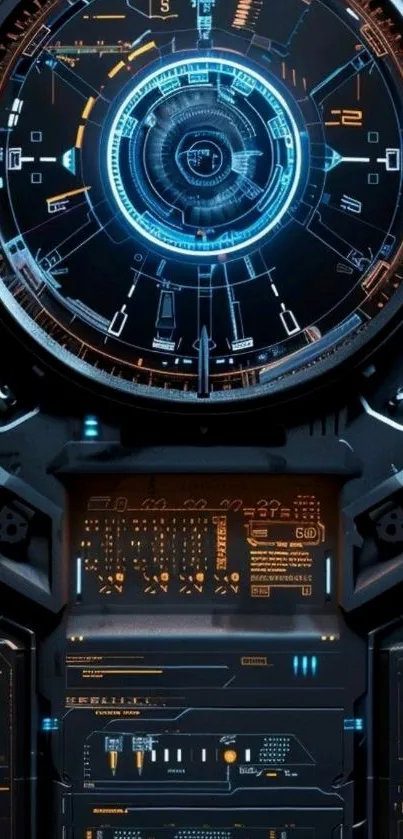 Futuristic HUD interface with digital elements and dark blue tones.