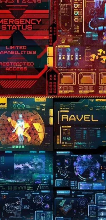 Futuristic digital HUD mobile wallpaper with vibrant colors and tech interface.