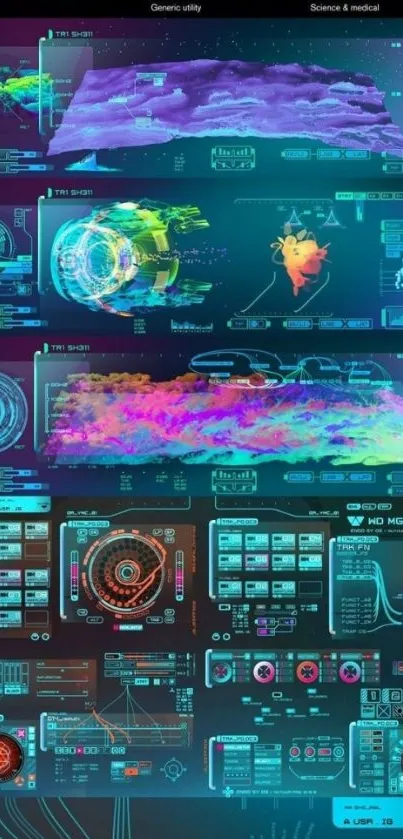 Futuristic HUD-inspired wallpaper with vibrant digital interfaces.