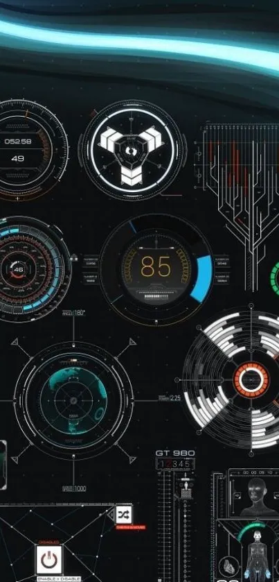 Futuristic HUD elements with digital interface designs in black and neon accents.