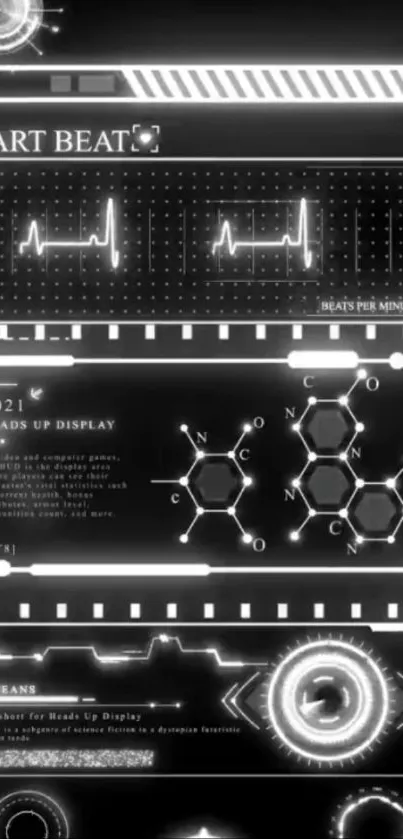 Futuristic HUD wallpaper with pulse and molecular design.