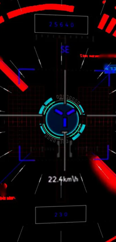 Futuristic HUD-themed mobile wallpaper with red and black digital design elements.