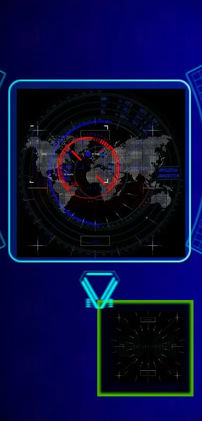 Futuristic HUD with neon world map on blue background.