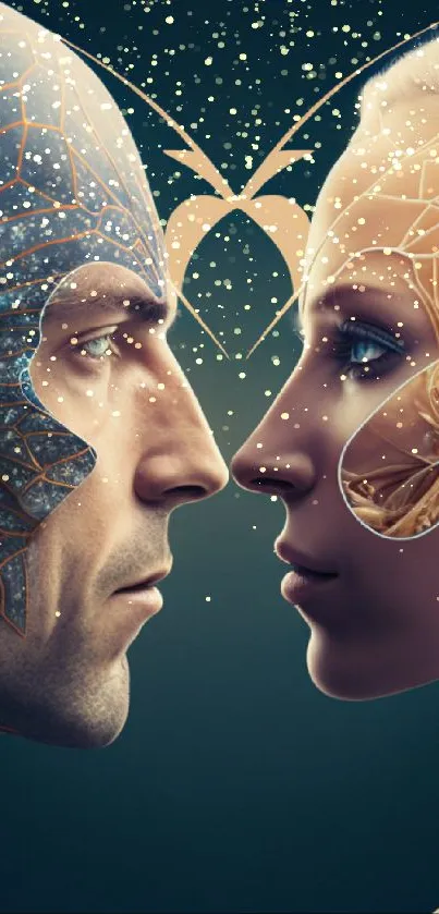 Futuristic artwork of two faces connected, showcasing human and cosmic elements.