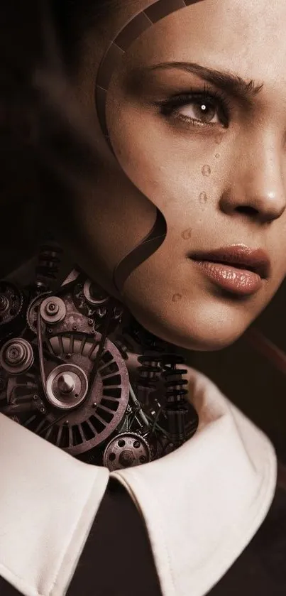 Futuristic cyborg artwork with a mechanical neck and human face.