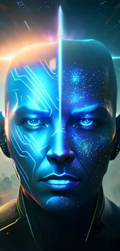 Futuristic sci-fi human face wallpaper with neon blue and vibrant colors.