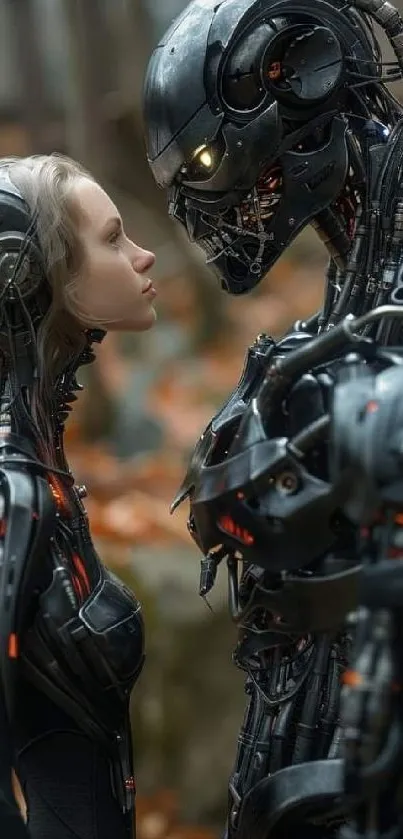 Human and robot facing each other in an autumn forest scene.