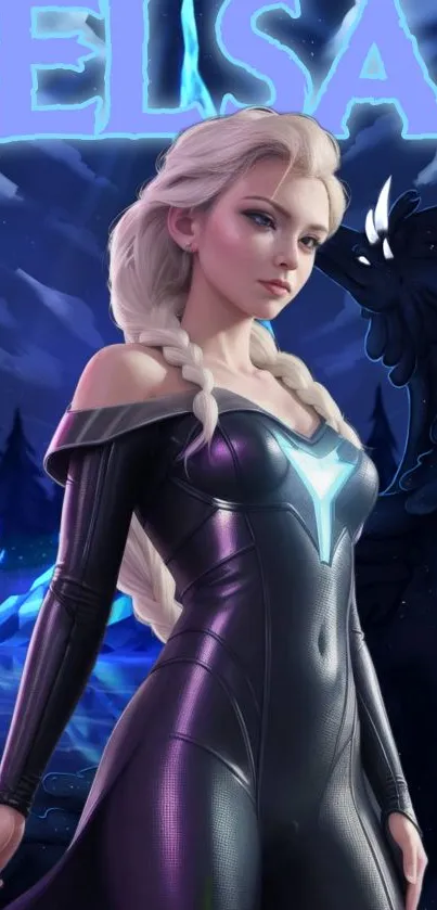 Futuristic queen with glowing armor in a mystical landscape.