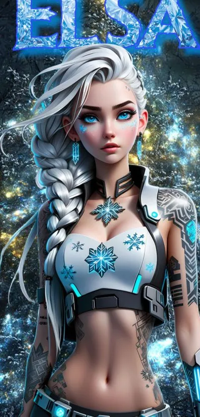 Futuristic ice queen in mystical forest wallpaper with blue hues.