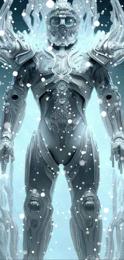 Futuristic ice-themed robot artwork with intricate details and glowing lights.