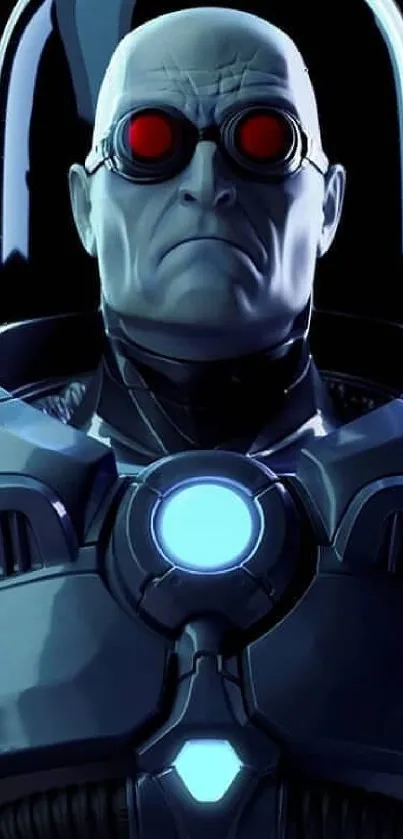 Futuristic character in an ice-themed suit with glowing blue elements.