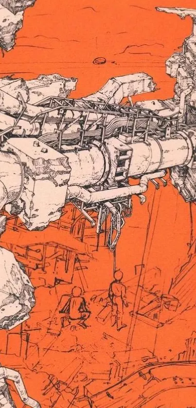 Futuristic industrial art in vibrant orange hues.