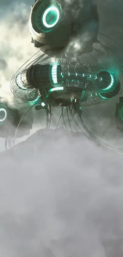 Futuristic industrial landscape with floating structures and fog.