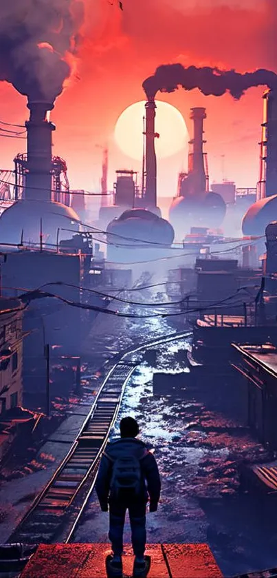 Silhouetted figure in a futuristic industrial scene at sunset.