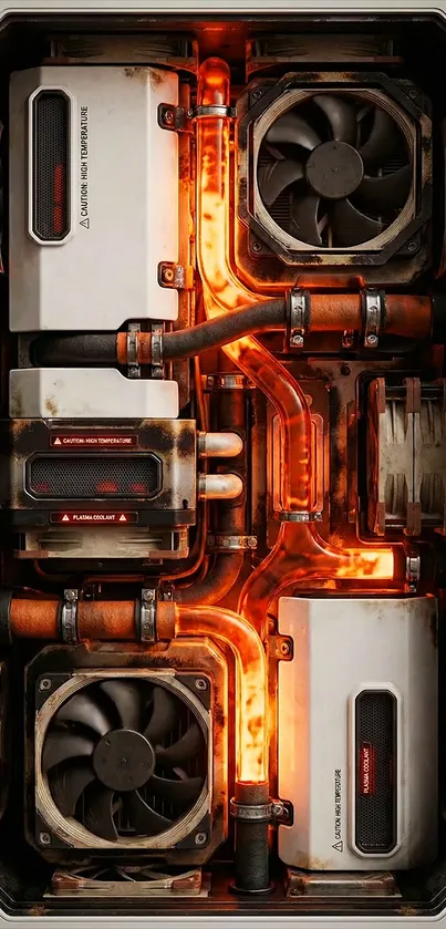 Futuristic industrial tech design with orange glow.