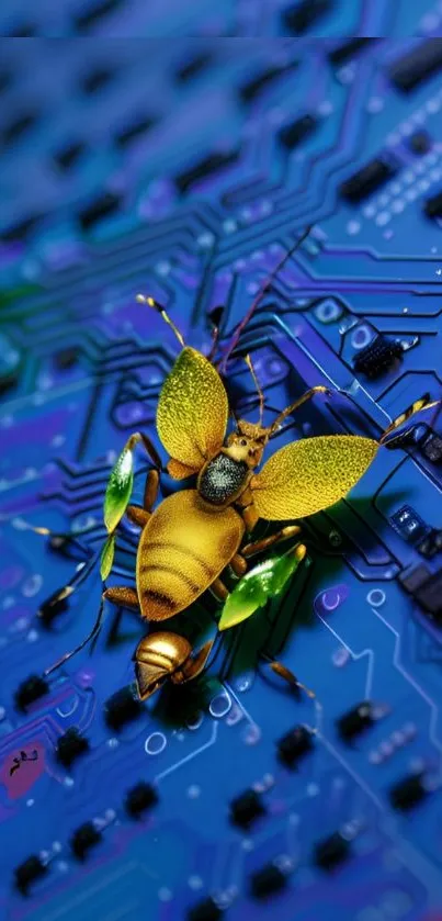 Futuristic beetle on a blue circuit board background, digital art wallpaper.