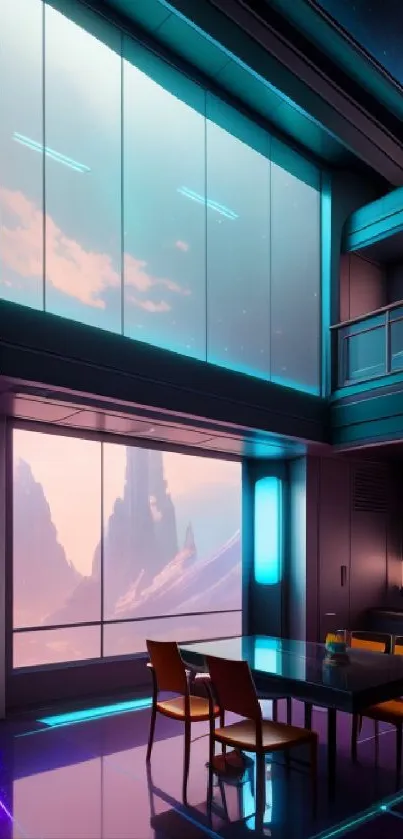 Futuristic room with neon lighting and a cosmos-inspired view.