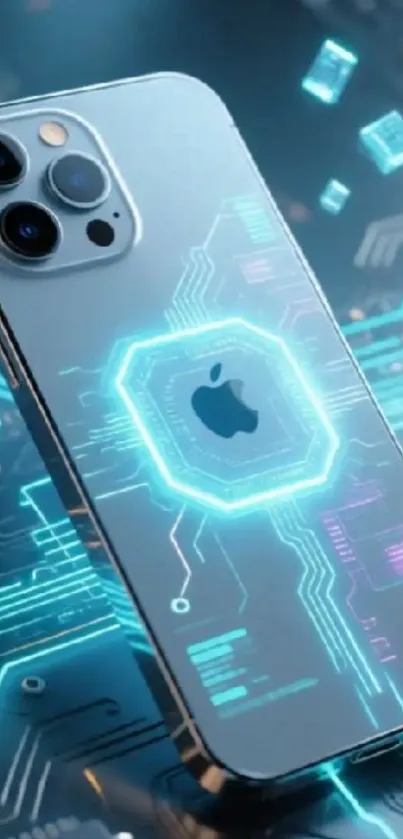 Futuristic iPhone with glowing circuit design.