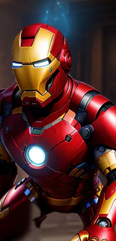 Iron Man armor with glowing arc reactor.